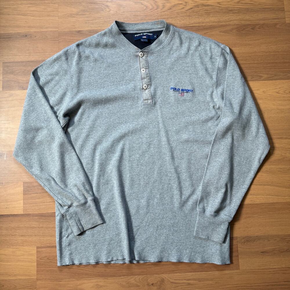 Men's Vintage 90's Polo Sport Ralph Lauren Gray Henley Long Sleeve Shirt Sz M